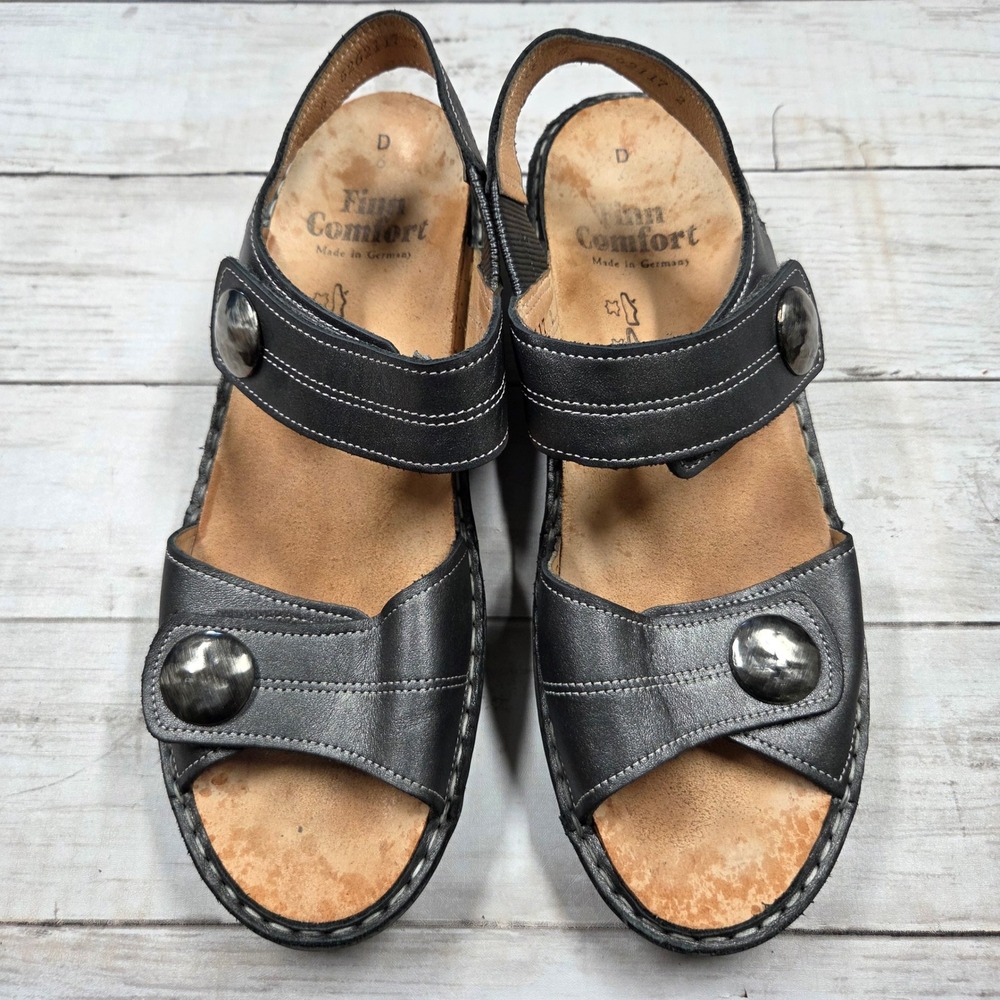 Finn Comfort Wedge Sandals Women 6(US 8.5) Metallic Pewter Leather Orthopedic